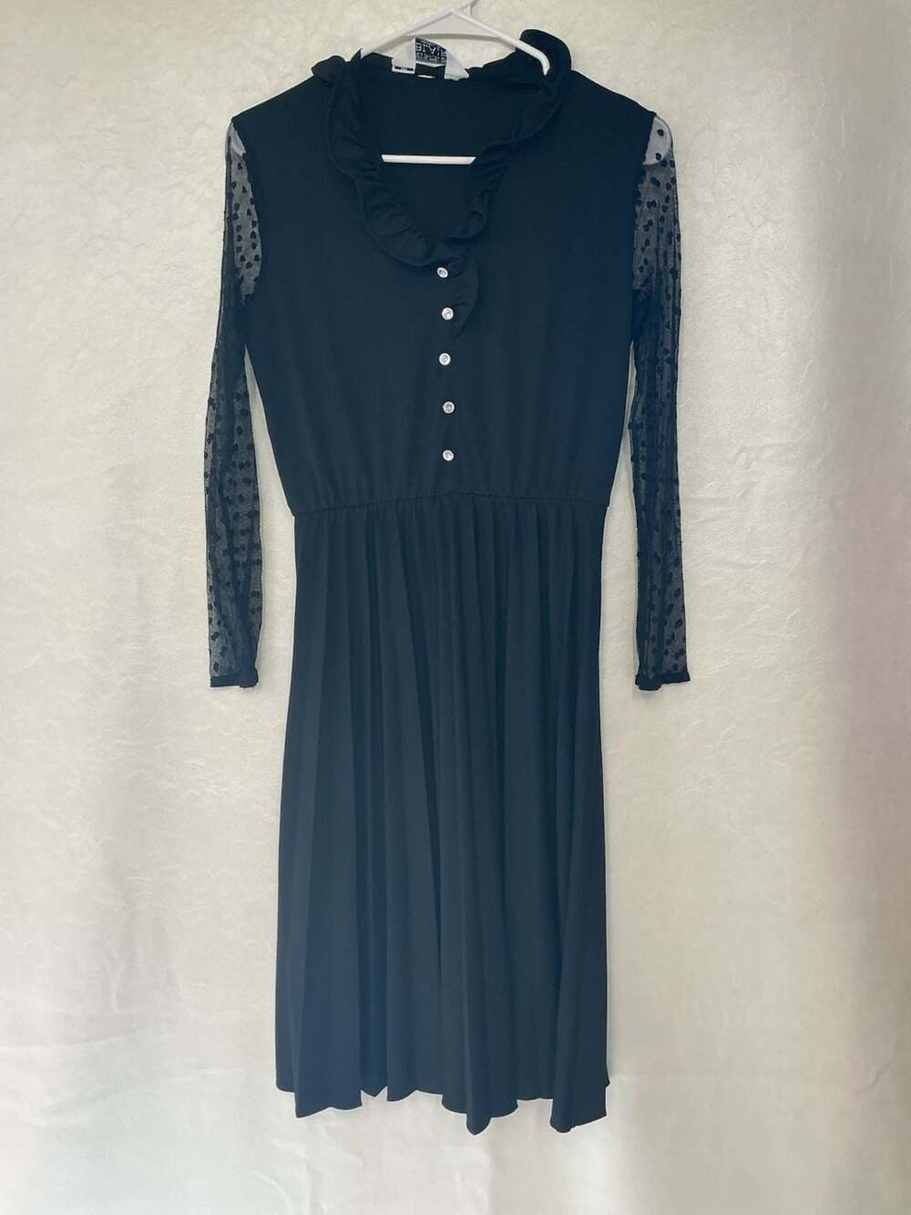 Vintage Blair Black Pleated Midi Dress with Sheer Swiss Dot Sleeves